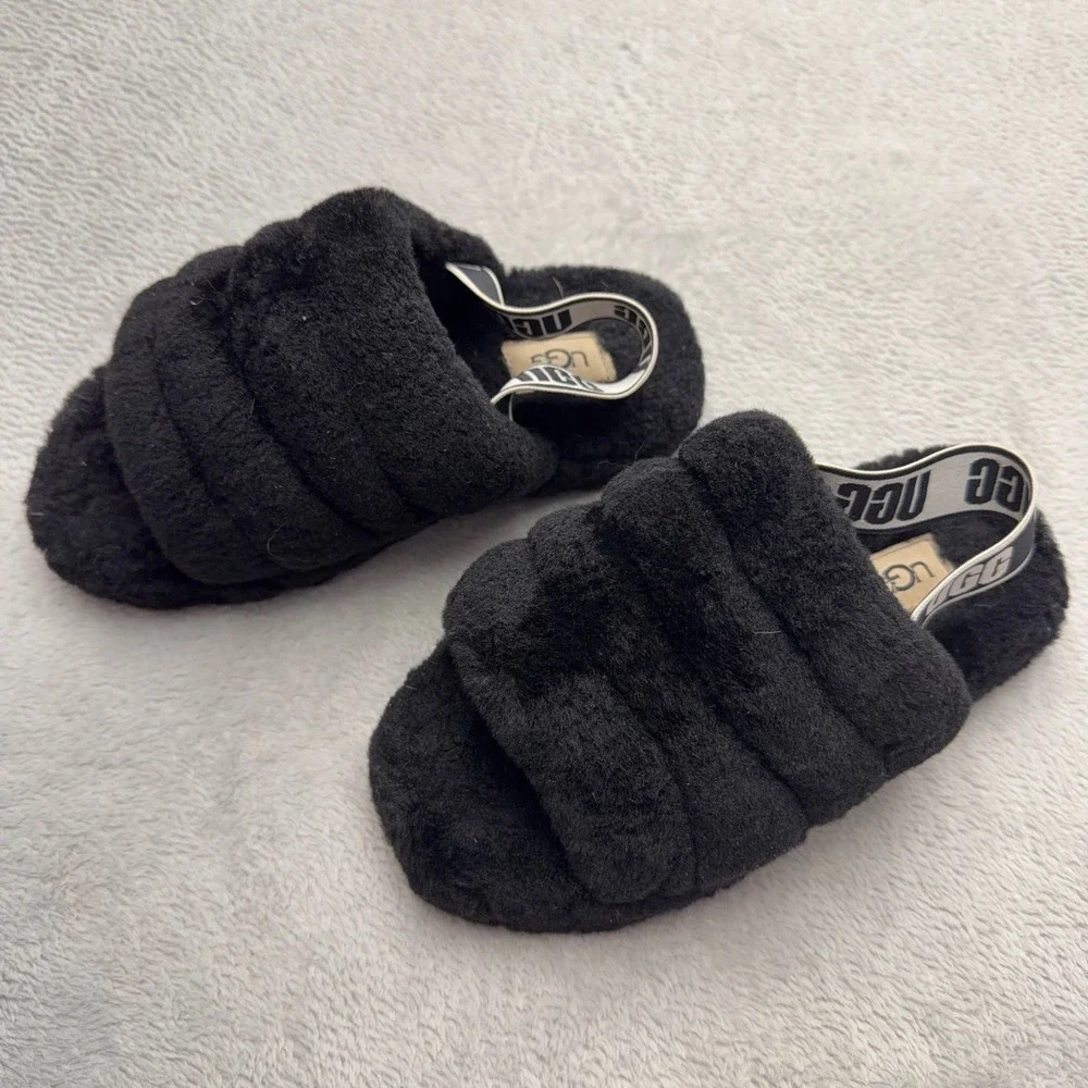 UGG Slides Kids Size 1 Black Fluff Yeah Slipper Elastic Strap